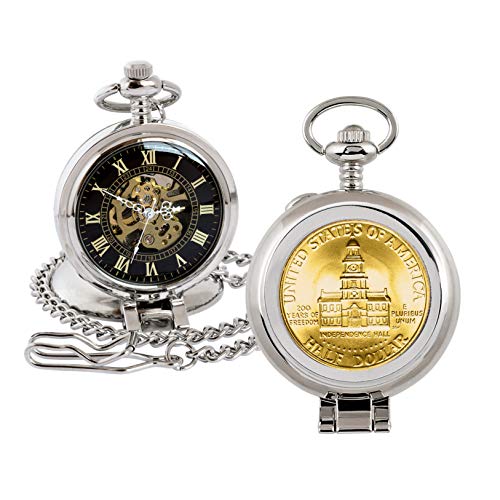 Coin Pocket Watch with Skeleton Quartz Movement Gold Layered JFK Bicentennial Half Dollar Genuine U.S. Co