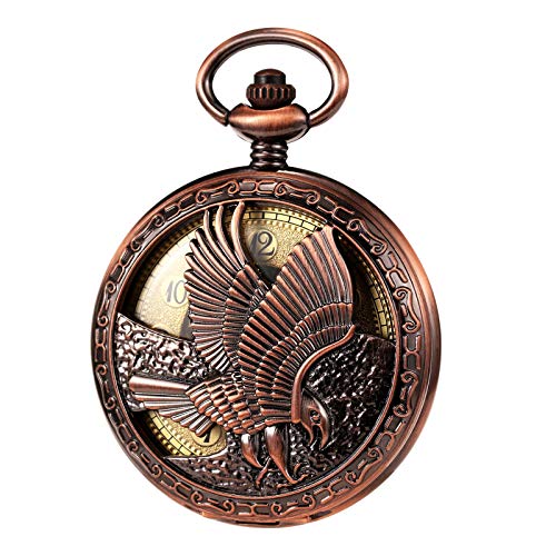 TREEWETO Mechanical Eagle Arabic Numerals Dial Skeleton Red Bronze Pocket Watch Watches with Gift Box and Cha