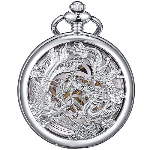 ManChDa Antique Mechanical Pocket Watches for Men Lucky Dragon Phoenix Pocket Watch with Chain Black Skeleton