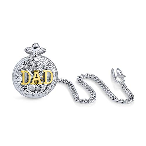 Bling Jewelry Vintage Style Open Face Two Tone Daddy Father Gift Word DAD Pocket Watch for Men Numeral Skelet