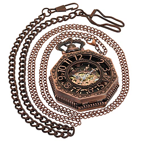 FobTime Vintage Copper Bronze Octagonal Hollow Skeleton Manual Mechanical Pocket Watch Hand Winding Arabic Ro