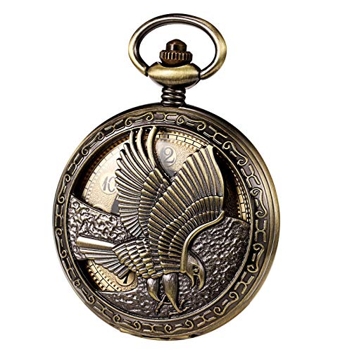 TREEWETO Mechanical Eagle Arabic Numerals Dial Skeleton Bronze Pocket Watch Watches with Gift Box and Chains