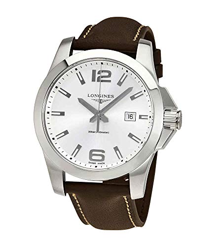 腕時計 ロンジン スイス Longines Conquest Silver Dial Brown Leather Men's 43mm Watch L37604765