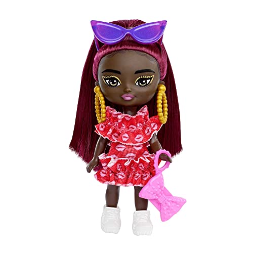 バービー バービー人形 Barbie Extra Mini Minis Doll with Burgundy Hair, Red Ruffle Dress, Sunglasses