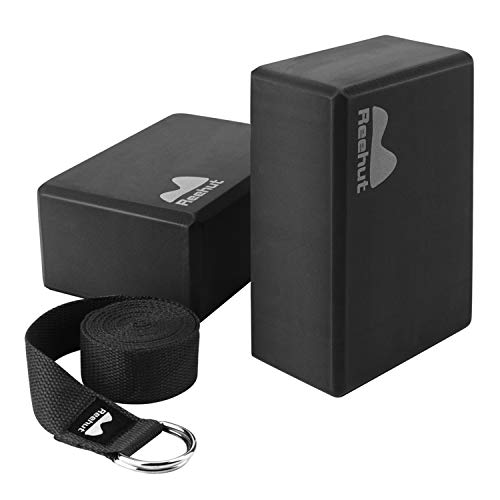 ヨガブロック フィットネス REEHUT Yoga Block 2 Pack and Metal D Ring Yoga Strap 1 Pack Combo Set, 9