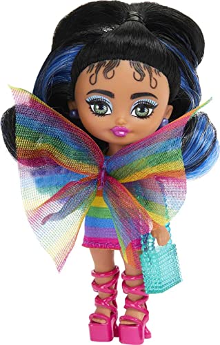 バービー バービー人形 Barbie Extra Mini Minis with Blue-Streaked Black Ponytail Wearing Rainbow Dres