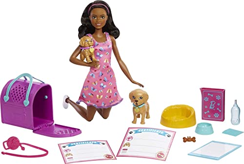 バービー バービー人形 Barbie Pup Adoption Doll & Accessories Set with Color-Change, 2 Pets, Carrier