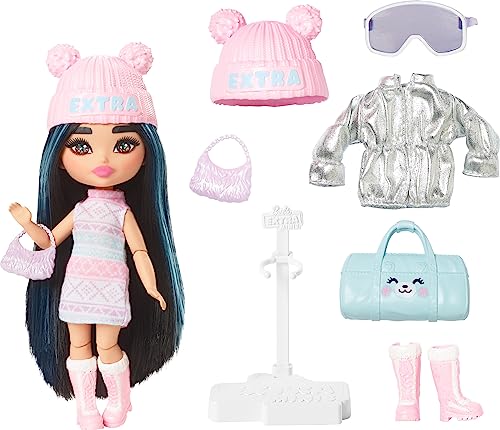バービー バービー人形 Barbie Extra Fly Minis Travel Doll, Snowy Look with Icy Blue Highlights in Pas