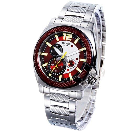 腕時計 カシオ メンズ Casio Men's MTP1316D-4AV Silver Stainless-Steel Quartz Watch with Red Dial