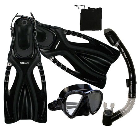シュノーケリング マリンスポーツ Promate Snorkeling Scuba Diving Snorkel Mask Fins Gear Set, Bla