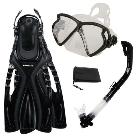 シュノーケリング マリンスポーツ Promate Snorkeling Fins Matrix Mask Dry Snorkel Set, Black, S/M