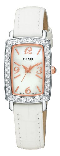 腕時計 パルサー SEIKO Pulsar Women's PTC503 Crystal Case White Leather Strap White Mother-of-Pear Dial