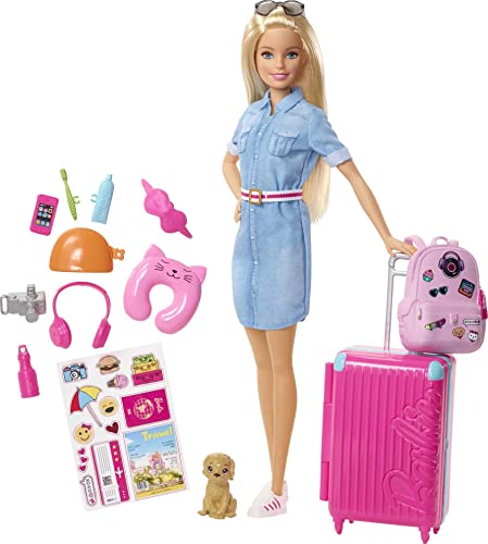バービー Barbie トラベルドール ブロンド 子犬 10種類以上のアクセサリーが付属 ピンクノスーツ