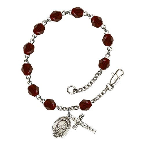 Bonyak Jewelry ブレスレット ジュエリー St. Dymphna Silver Plate Rosary Bracelet 6mm January Red Fir