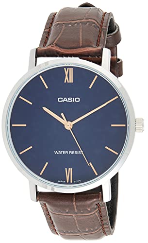 腕時計 カシオ メンズ Casio MTP-VT01L-2B Men's Minimalistic Blue Dial Brown Leather Band Analog Watch