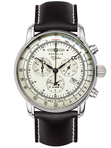 腕時計 ツェッペリン メンズ Zeppelin Uhr 100 Jahre Chronograph Alarm Leuchtblatt 8680, White, Stand