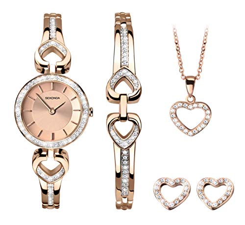 腕時計 セコンダ イギリス Sekonda Womens 26mm Stone Set Rose Gold Watch Gift Set with Heart Bracelet