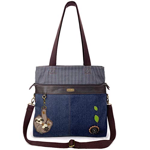 chala バッグ パッチ CHALA Denim Convertible Stripe Work Tote in Navy Blue (Coin Purse_ Sloth)